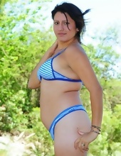 Blue striped bikini is destined to be taken off by the attractive MILF